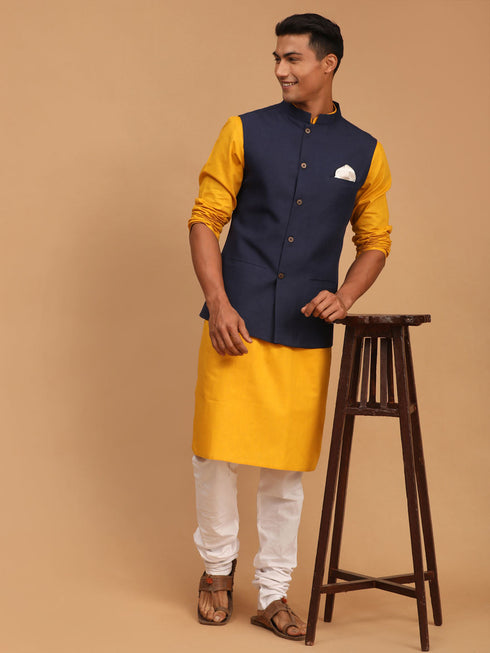 Vastramay Men's Navy Blue Solid Cotton Nehru Jacket With Mustard Kurta And White Pyjama Set